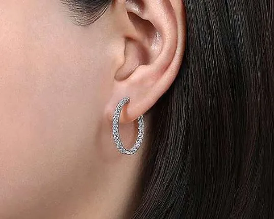 14K White Gold French Pavé 20mm Round Inside Out Diamond Hoop Earrings