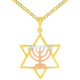 14K Yellow Gold & Rose Gold Jewish Star of David with Menorah Pendant Necklace
