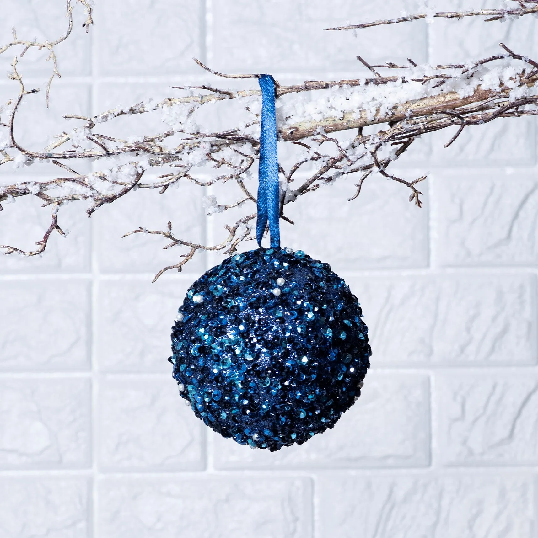 Blue Beaded & Sequin Adorned Christmas Ball Ornament - 4"