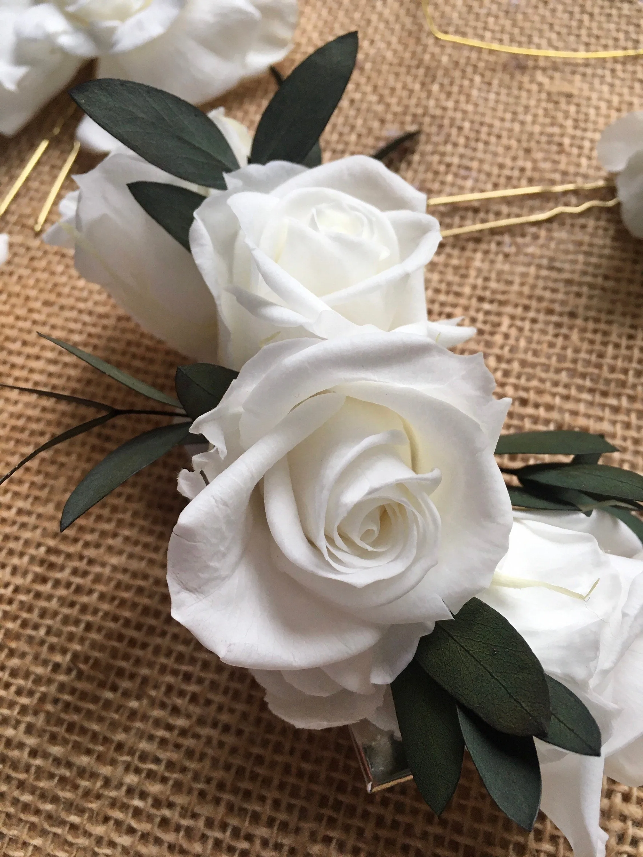 Boho White Rose And Eucalyptus Wedding Hair Comb, White and Green Olive Leaves Flower Comb, Rustic Bridal Wedding Accessories Silver Gold UK