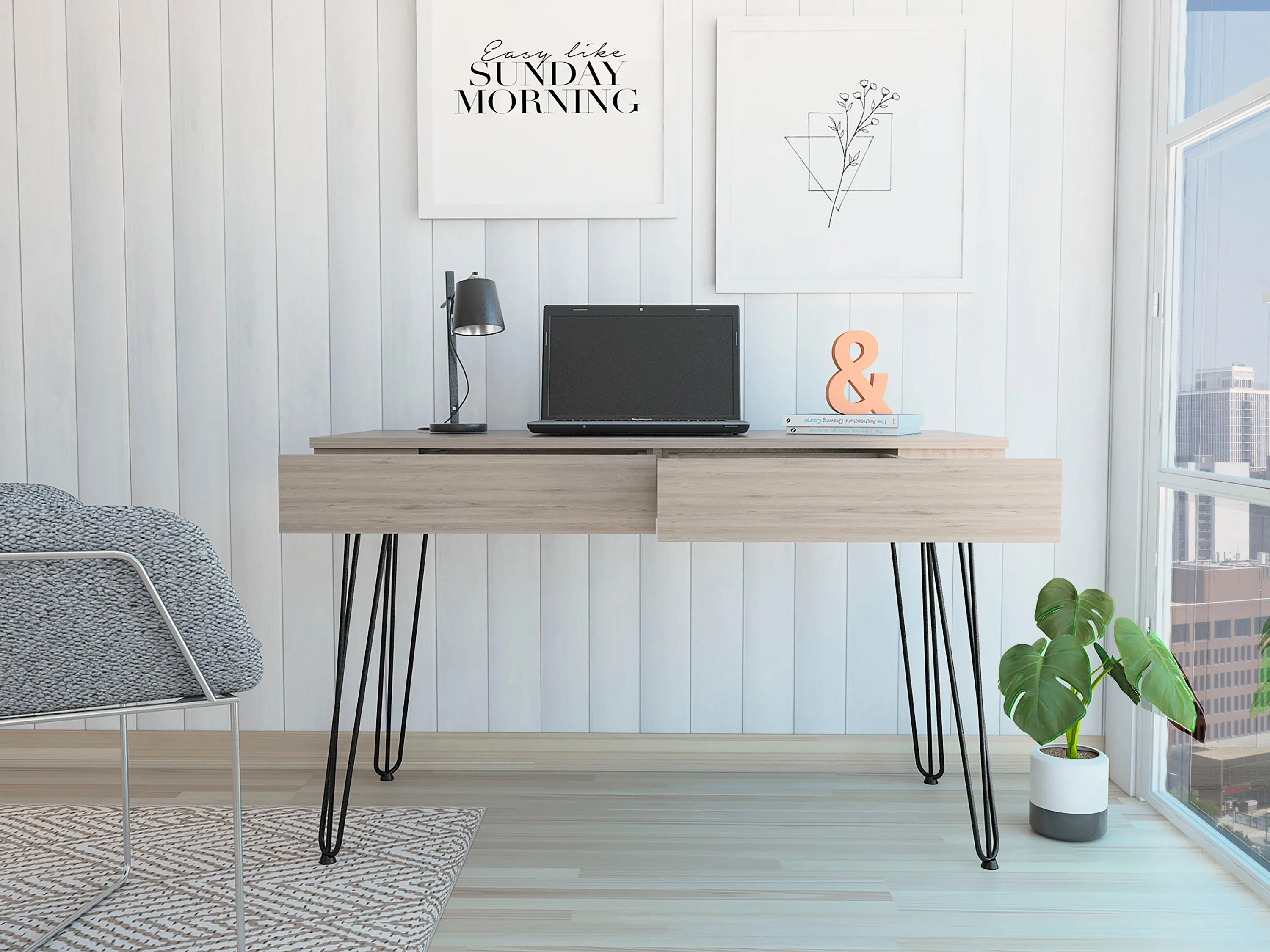 Canton 2-Drawer Writing Desk with Hairpin Legs Light Gray