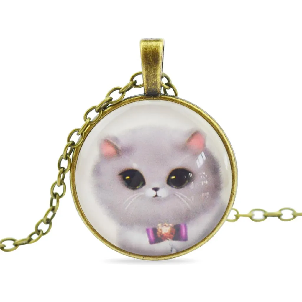 Cat Glass Cabochon Pendant Necklace