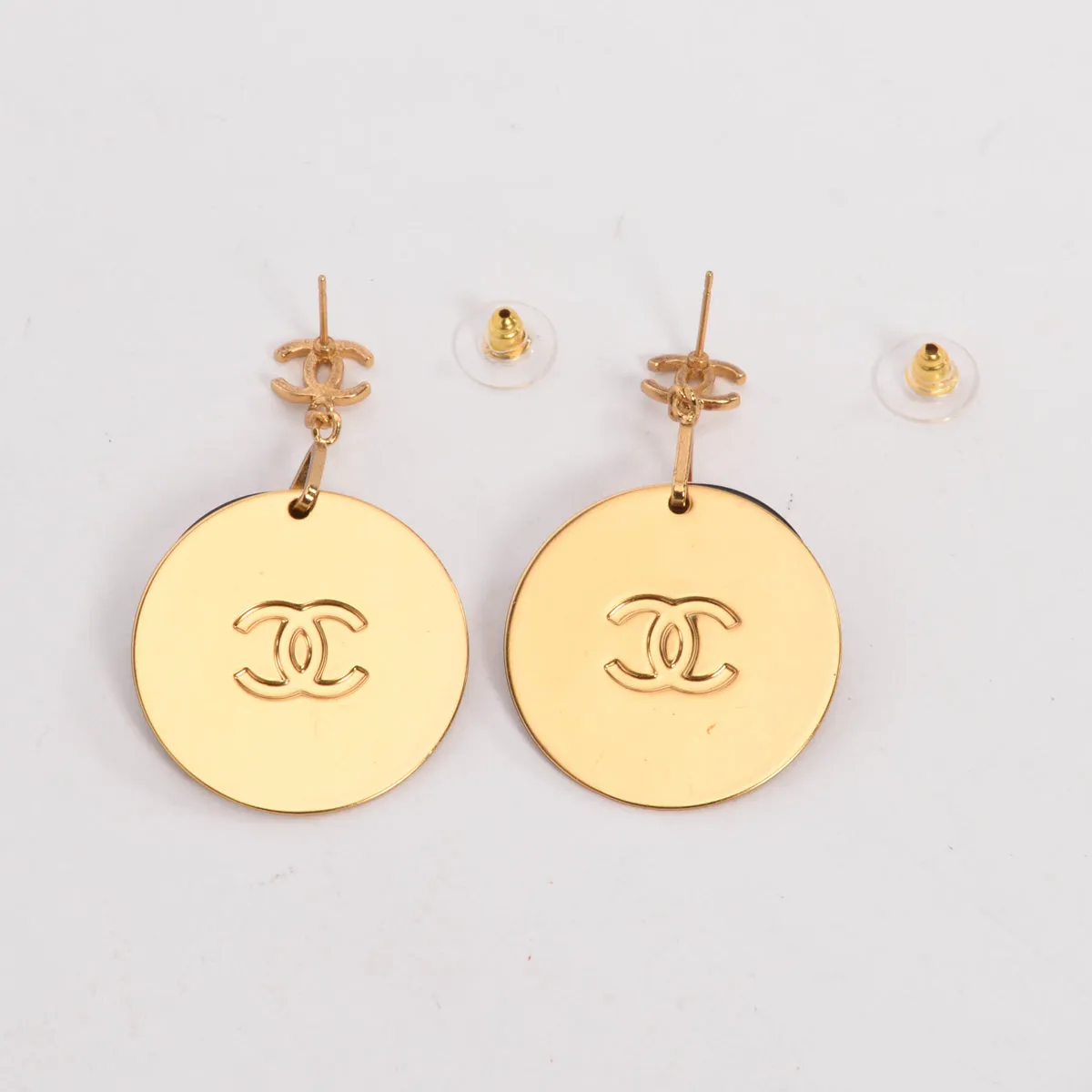 Chanel Gold Enamel CC Disc Drop Earrings