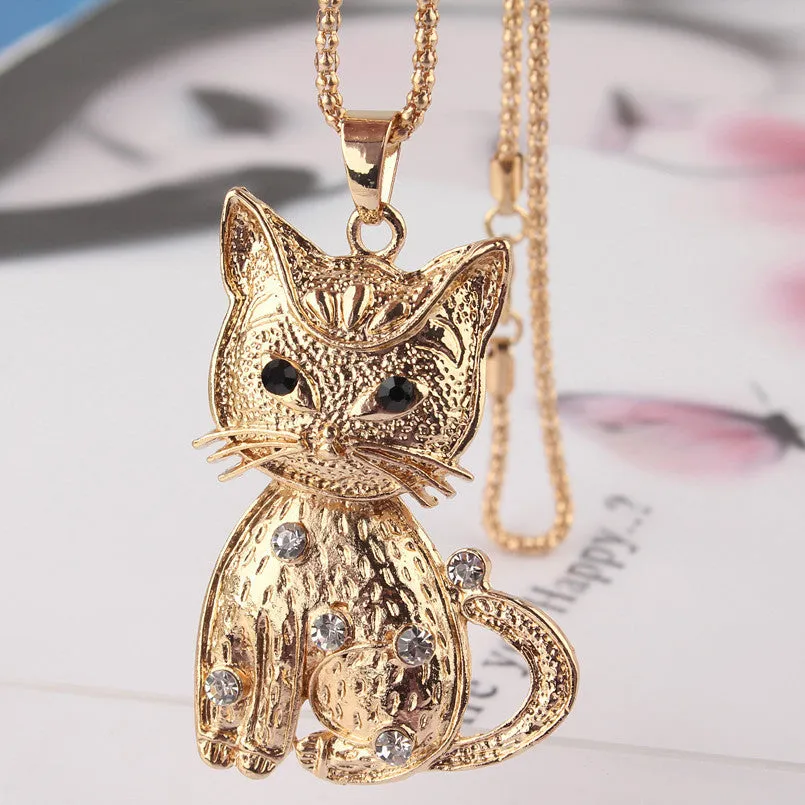 Gold Crystal Cat Pendant