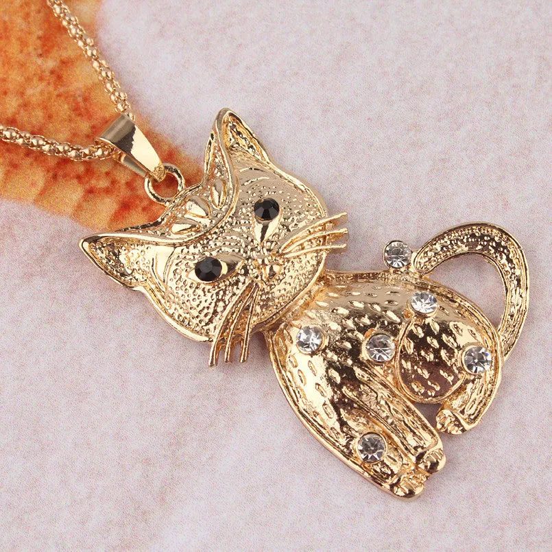 Gold Crystal Cat Pendant