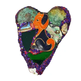 GREEN AND PURPLE HEART BROOCH - WOOF WOOF