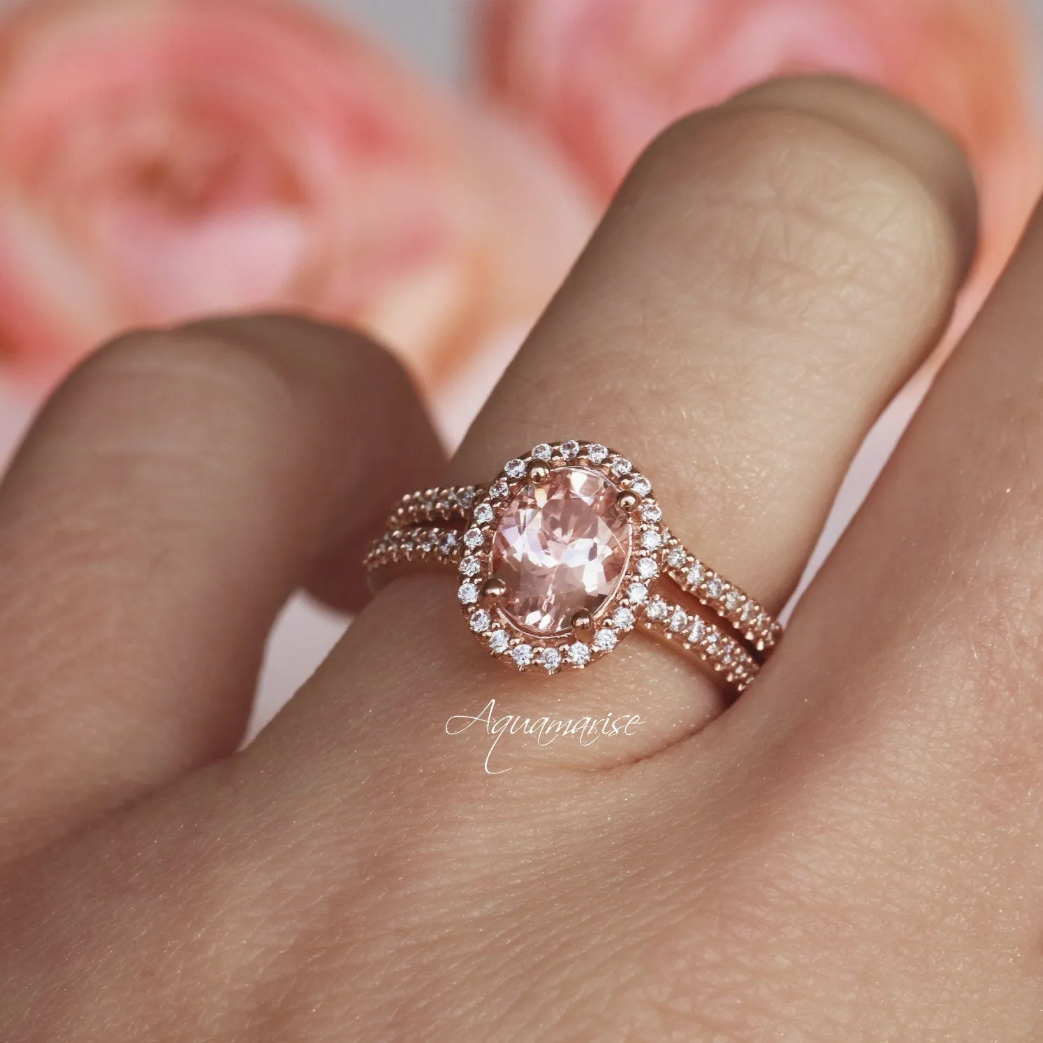Iris Oval Halo Morganite Engagement Ring- 14K Solid Rose Gold