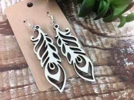 Peacock Earrings, Lightweight Wood Feather Jewelry, Dangle Wood Earrings, Gift for Teacher