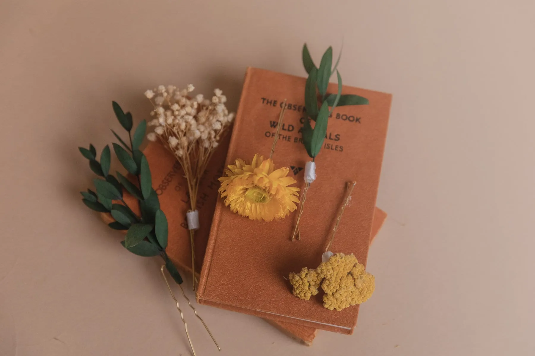 Preserved Eucalyptus & Yellow Yarrow Flowers With Yellow Straw Flowers Boho Bridal Hair Pin Set 5 Piece
