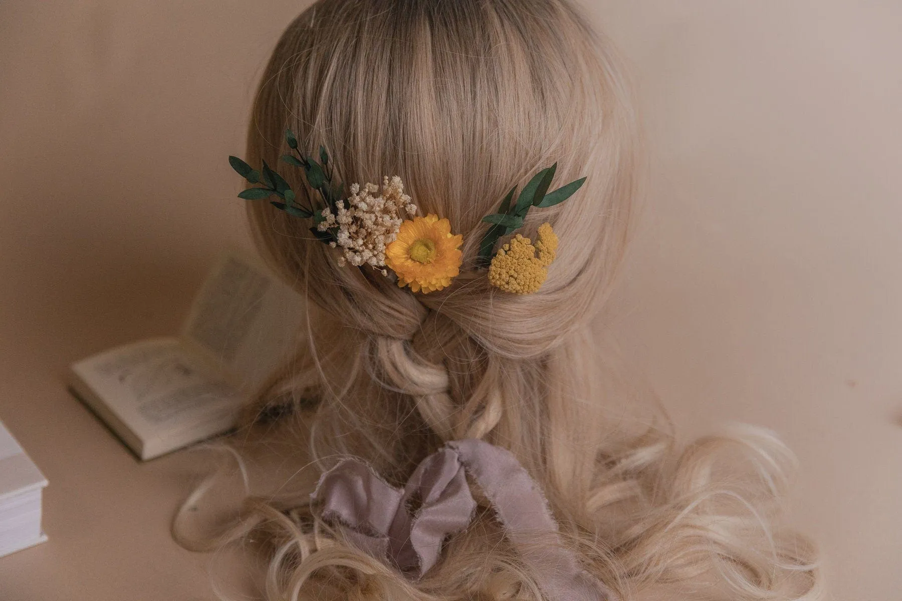 Preserved Eucalyptus & Yellow Yarrow Flowers With Yellow Straw Flowers Boho Bridal Hair Pin Set 5 Piece