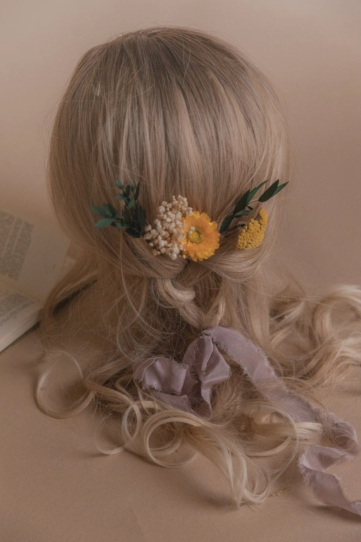 Preserved Eucalyptus & Yellow Yarrow Flowers With Yellow Straw Flowers Boho Bridal Hair Pin Set 5 Piece