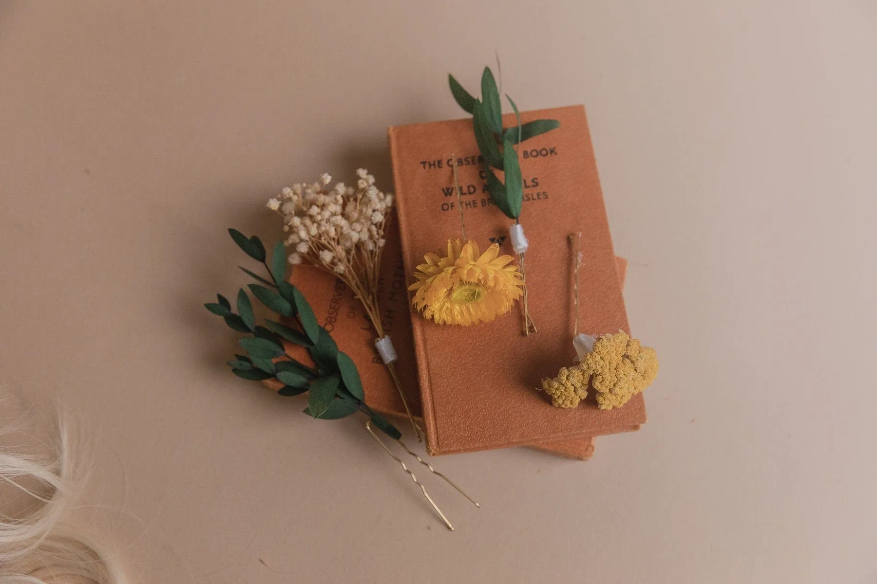 Preserved Eucalyptus & Yellow Yarrow Flowers With Yellow Straw Flowers Boho Bridal Hair Pin Set 5 Piece