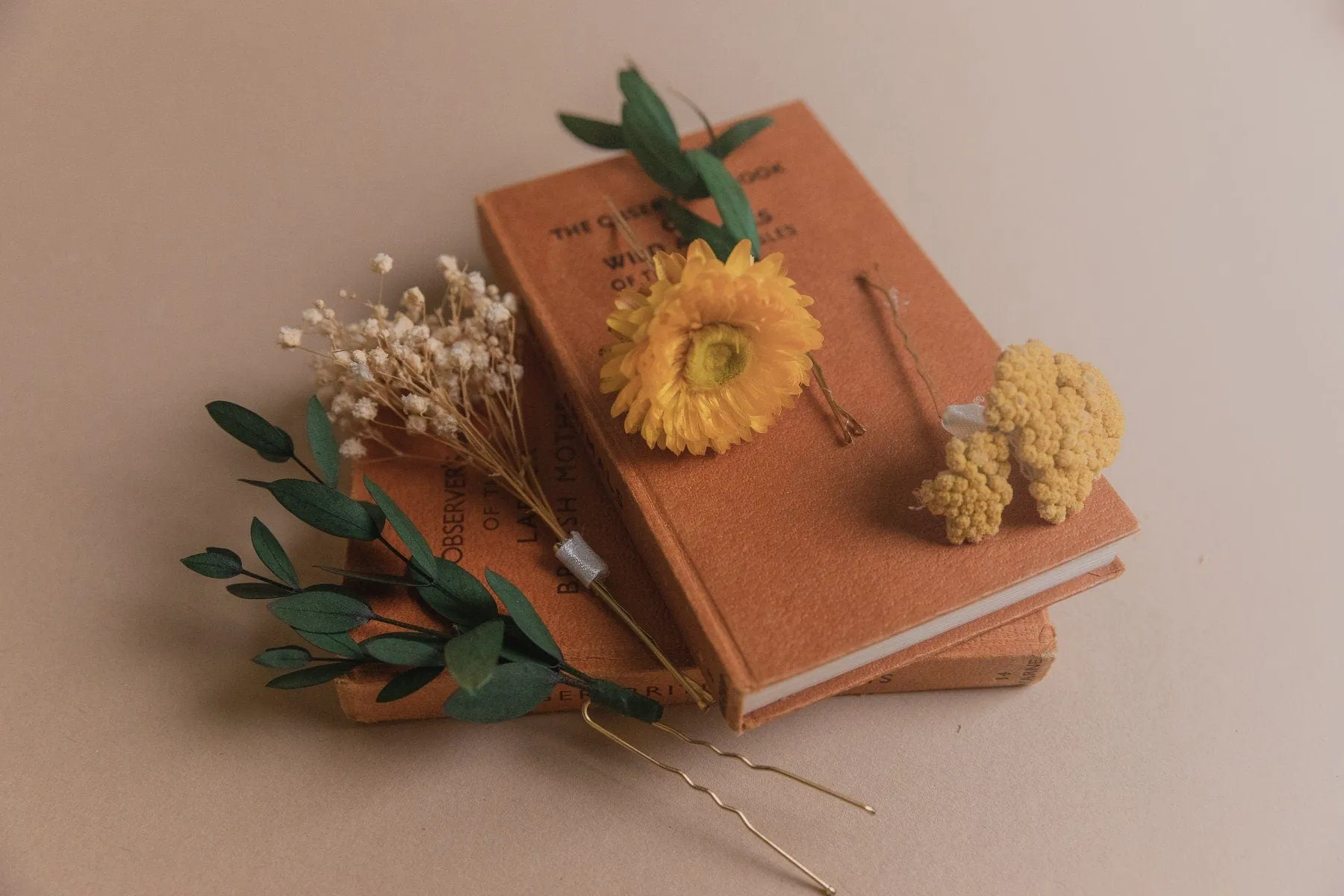 Preserved Eucalyptus & Yellow Yarrow Flowers With Yellow Straw Flowers Boho Bridal Hair Pin Set 5 Piece