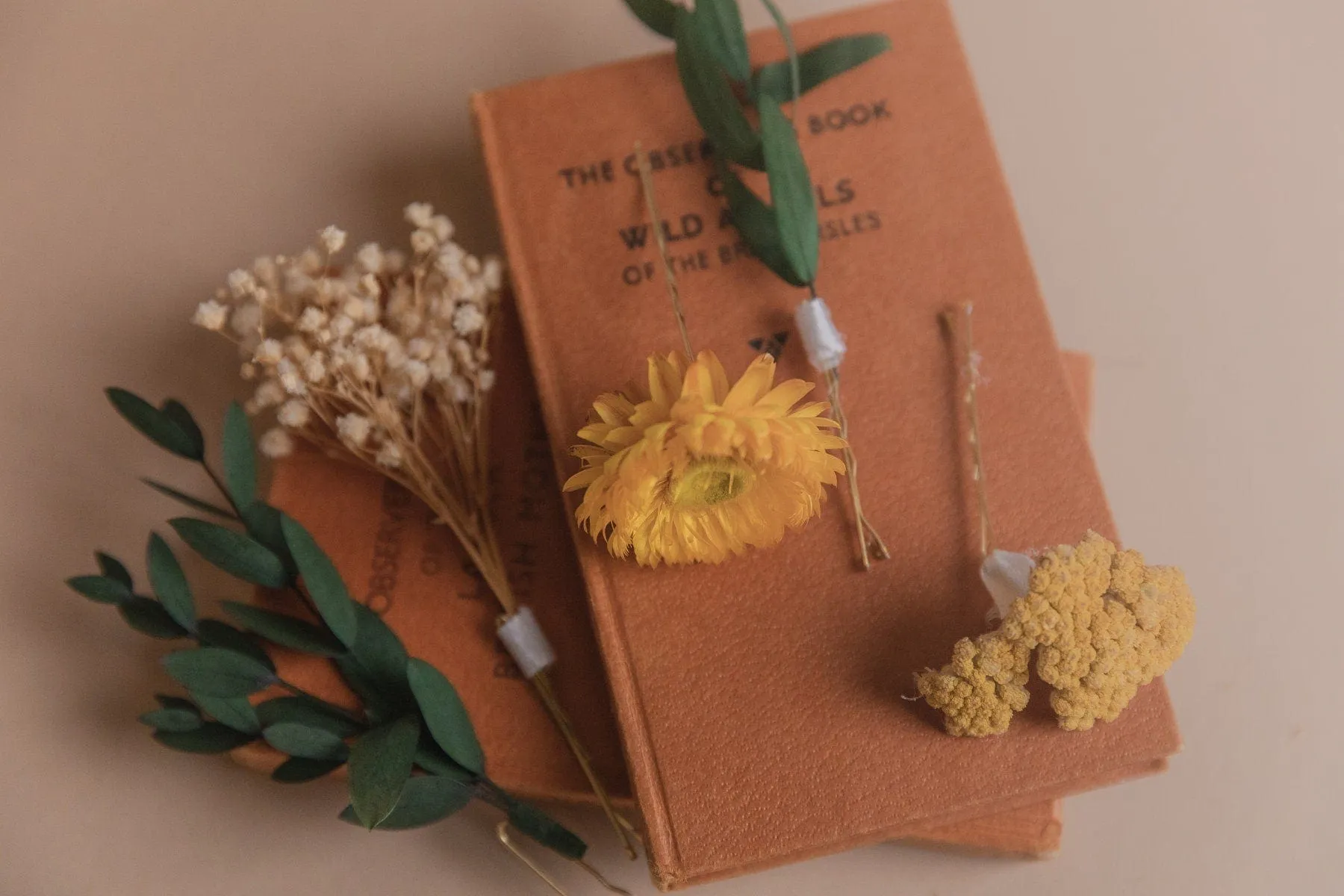 Preserved Eucalyptus & Yellow Yarrow Flowers With Yellow Straw Flowers Boho Bridal Hair Pin Set 5 Piece