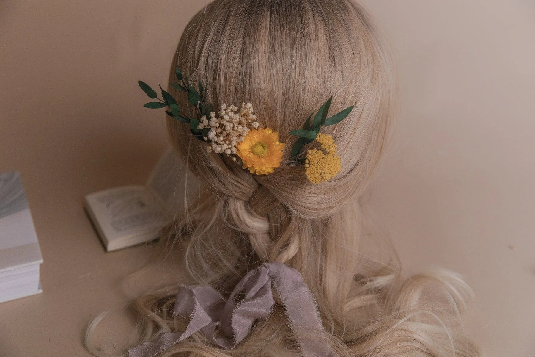 Preserved Eucalyptus & Yellow Yarrow Flowers With Yellow Straw Flowers Boho Bridal Hair Pin Set 5 Piece