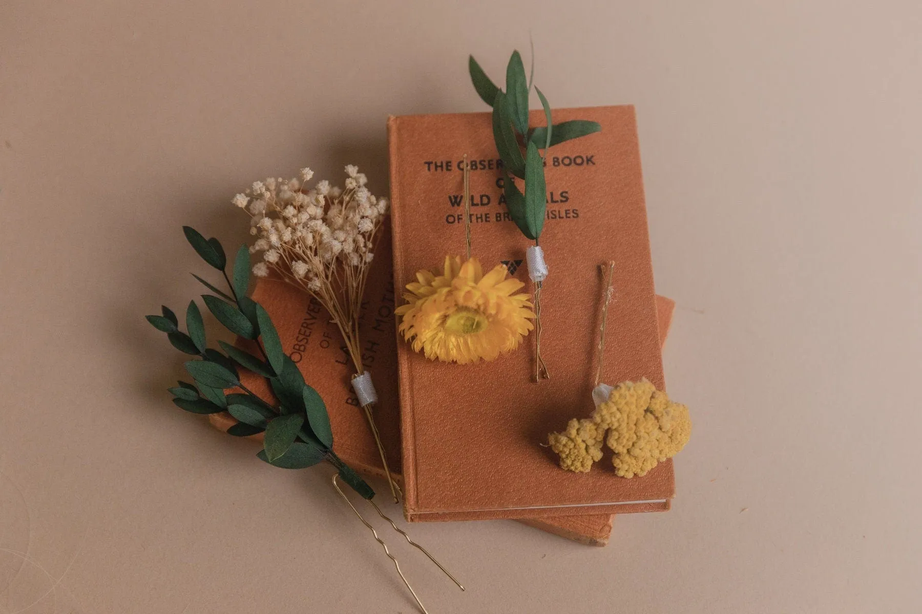 Preserved Eucalyptus & Yellow Yarrow Flowers With Yellow Straw Flowers Boho Bridal Hair Pin Set 5 Piece
