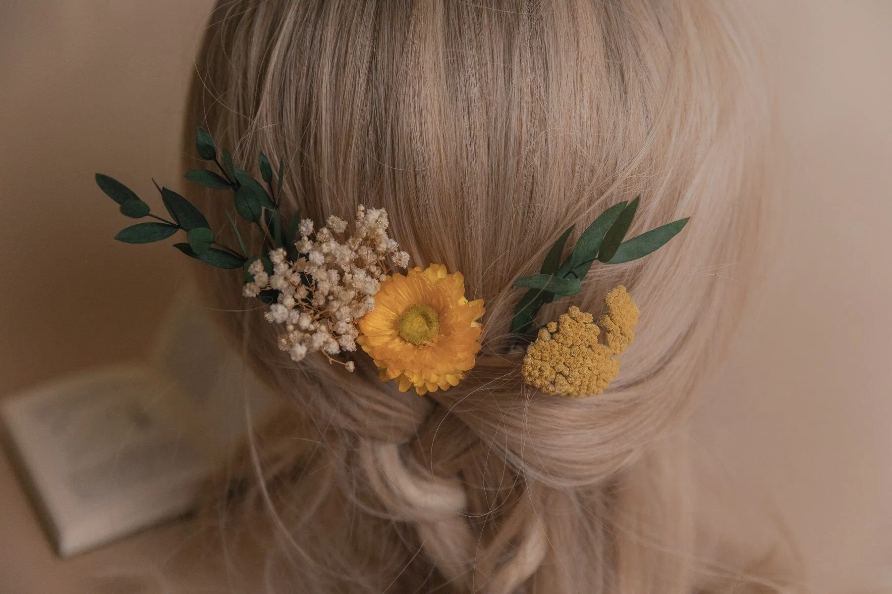 Preserved Eucalyptus & Yellow Yarrow Flowers With Yellow Straw Flowers Boho Bridal Hair Pin Set 5 Piece