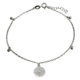 Rhodium Plated 925 Sterling Silver Compass Disc with Dangling Beads Anklet