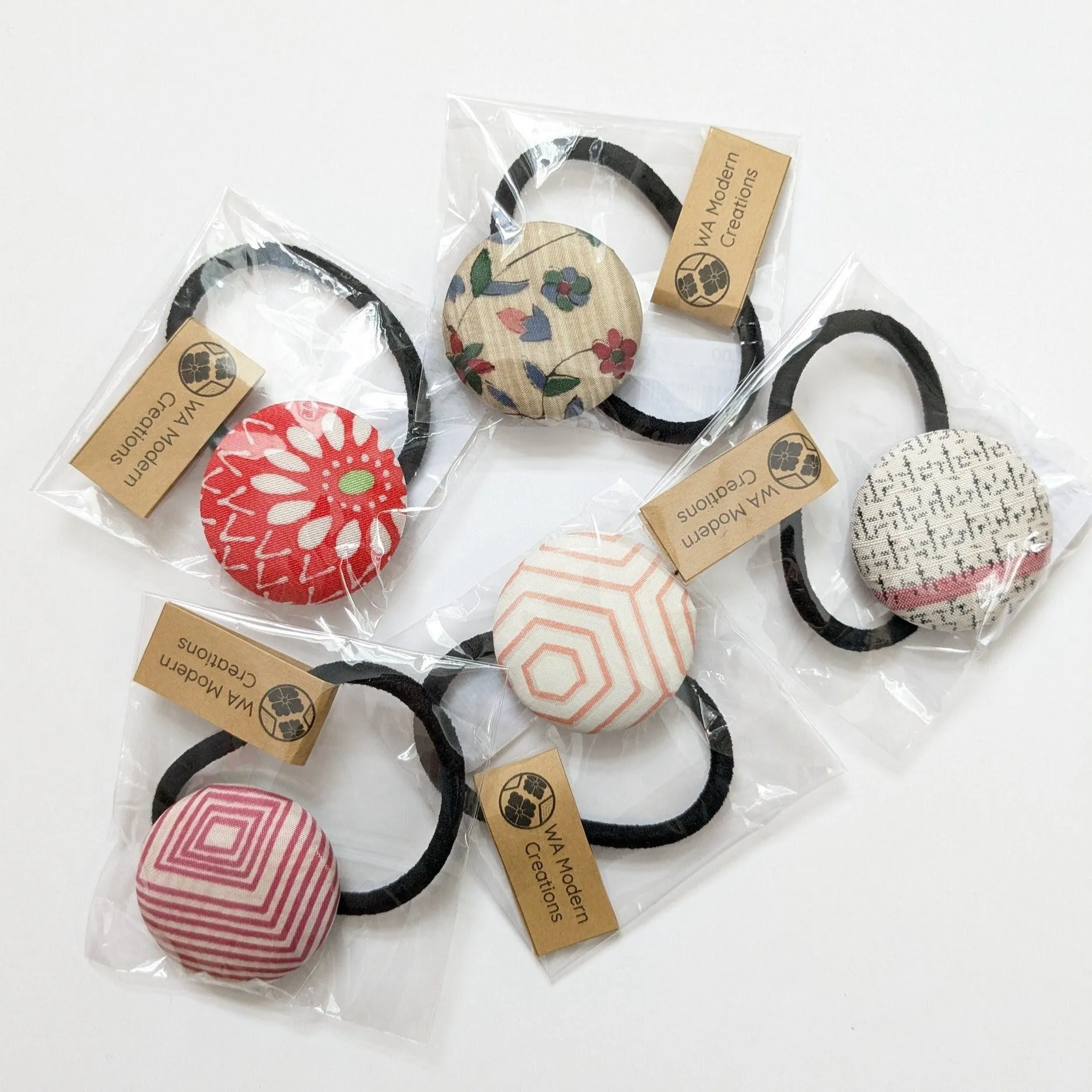 Silk Covered Button hair tie (Fun Patterns 4 variations)