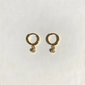 Small Hoop Earrings with Hanging Diamonds, Solid 14k Gold, Single / Pair